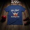 Let's Roll! Bowling Club text with retro bowling ball and pins graphic on a navy blue t-shirt