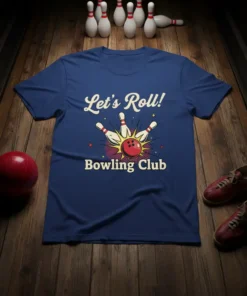Let's Roll! Bowling Club text with retro bowling ball and pins graphic on a navy blue t-shirt