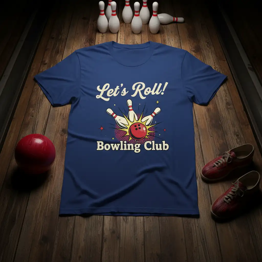Let's Roll! Bowling Club text with a retro bowling ball and pins graphic on a dark blue tee