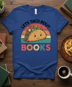 Lets Taco Bout Books t-shirt with a smiling taco graphic and retro sunset