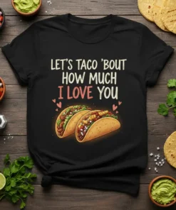 Let's taco 'bout how much I love you t-shirt with two tacos graphic and pink hearts