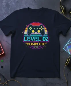 Level 02 Complete Complete anniversary t-shirt with retro video game controller and circular design elements
