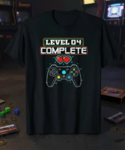 Level 04 COMPLETE text with pixelated hearts and a video game controller graphic on a black t-shirt