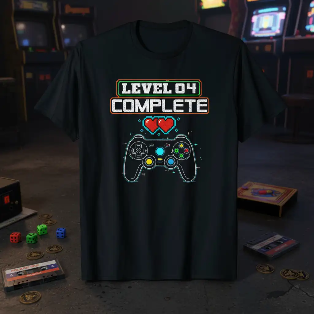 Level 04 COMPLETE text design with pixelated hearts and gaming controller graphic on a t-shirt