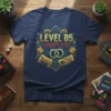 Level 05 Complete T-Shirt featuring gold video game controllers, wedding rings, and circuit board design for a 5th anniversary gamer