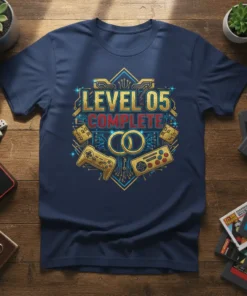 Level 05 Complete T-Shirt featuring gold video game controllers, wedding rings, and circuit board design for a 5th anniversary gamer