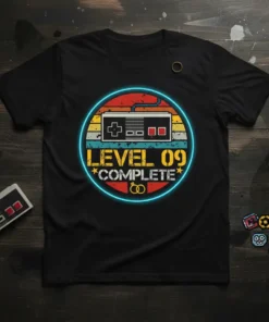 Level 09 Complete anniversary t-shirt with retro game controller graphic and wedding rings, perfect for gamer couples