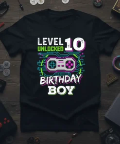 Level 10 Unlocked Birthday Boy gamer t-shirt design with pixelated controller and circuit board graphics