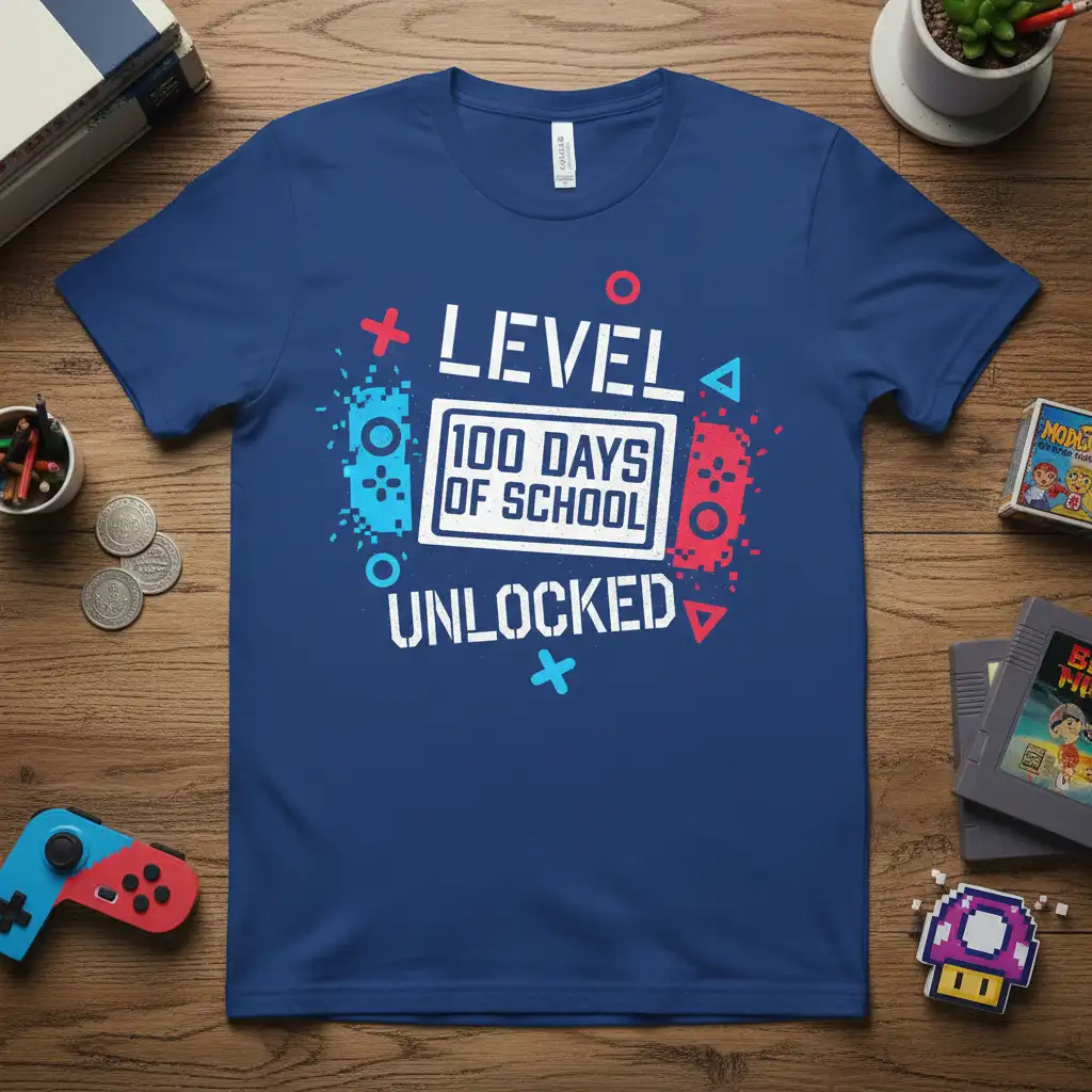 Level 100 Days of School Unlocked text with gamer graphics on a navy blue t-shirt