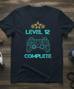 Level 12 Complete gamer t-shirt design featuring a stylized video game controller and stars