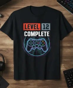 Level 12 Complete gamer birthday t-shirt featuring a video game controller graphic