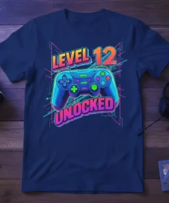 Level 12 Unlocked gaming birthday t-shirt with a blue game controller and neon geometric background
