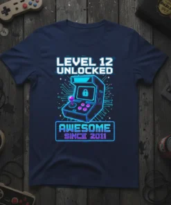 Level 12 Unlocked Awesome Since 2011 birthday t-shirt featuring a retro arcade game design and neon blue text