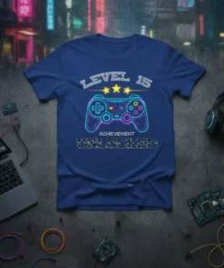 Blue t-shirt with neon "LEVEL 15 ACHIEVEMENT UNLOCKED" text and a glowing video game controller graphic