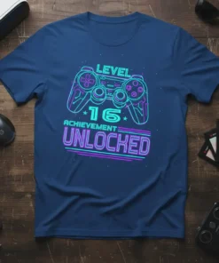 Level 16 Achievement Unlocked gamer t-shirt design with a neon-style video game controller and text
