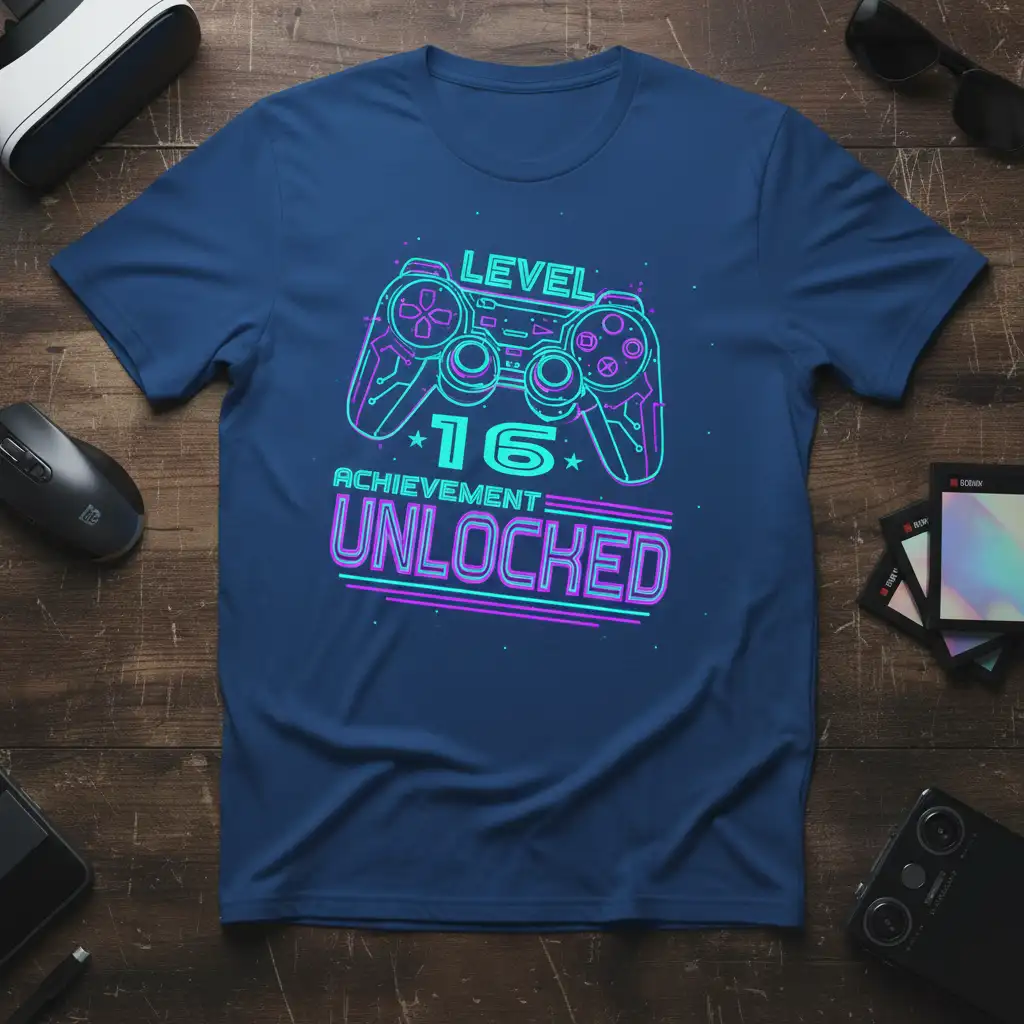 Level 16 Achievement Unlocked gamer t-shirt design with neon controller graphic and text for birthday celebrations