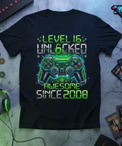 Level 16 Unlocked Awesome Since 2008 t-shirt with a neon green gaming controller graphic
