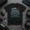 Level 18 Achievement Unlocked gamer t-shirt with a video game controller graphic and neon blue circuit board design