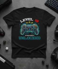 Level 18 Achievement Unlocked gamer t-shirt with a video game controller graphic and neon blue circuit board design