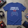 Level 20 Complete t-shirt with a glitch art video game controller graphic and flaming hearts