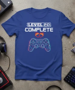 Level 20 Complete t-shirt with a glitch art video game controller graphic and flaming hearts