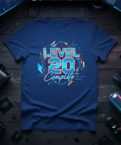 LEVEL 20 Complete gamer birthday t-shirt with neon-style text and digital circuit graphics