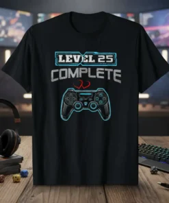 Black t-shirt with "LEVEL 25 COMPLETE" text and a video game controller graphic