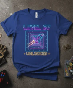 Level 67 Unlocked t-shirt with retro neon rocket ship design, perfect for gamer birthdays