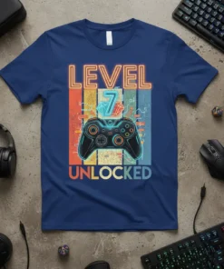 Level 7 Unlocked graphic t-shirt design for a 7th birthday, featuring a retro video game controller and neon text