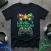 Level 7 Unlocked birthday t-shirt design featuring cartoon mushrooms and a video game controller
