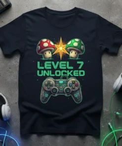 Level 7 Unlocked birthday t-shirt design featuring cartoon mushrooms and a video game controller