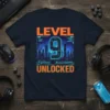 Level 9 Unlocked text with a neon blue '9' over a futuristic city skyline graphic on a navy t-shirt
