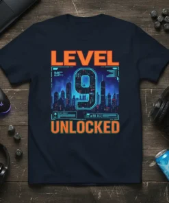 Level 9 Unlocked text with a neon blue '9' over a futuristic city skyline graphic on a navy t-shirt