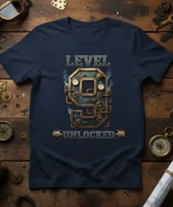 Level 9 Unlocked t-shirt design with vintage steampunk gears and gauges, celebrating a 9th birthday