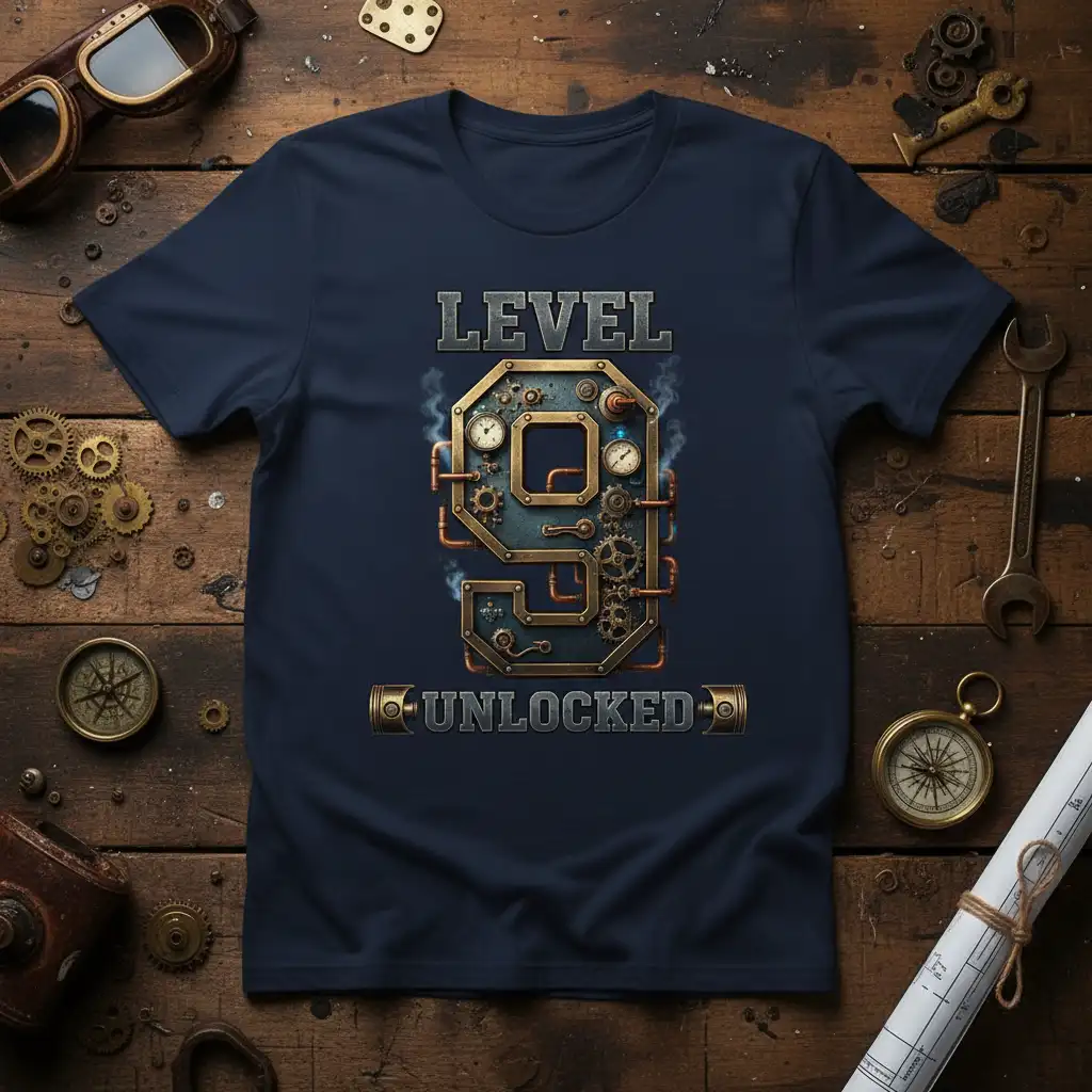 Level 9 Unlocked steampunk design with gears and gauges for a 9th birthday celebration tee