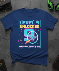 Level 9 Unlocked Awesome Since 2016 eye-catching graphic design printed on comfortable cotton t-shirt