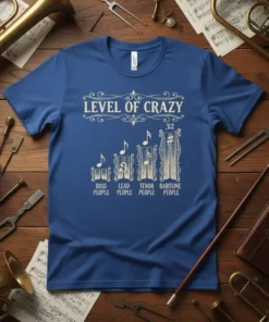 Level of Crazy Bass Lead Tenor Baritone People t-shirt design with musical notes and bar graphs representing different band roles