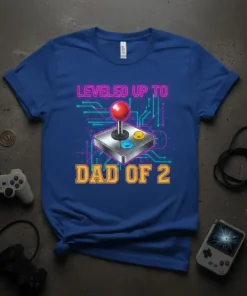 Leveled Up To Dad Of 2 gamer t-shirt with joystick graphic and circuit board design