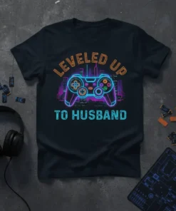 Leveled Up To Husband t-shirt with neon game controller and city skyline graphic