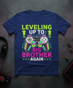 Leveling Up To Big Brother Again t-shirt with video game controller graphic and neon green text