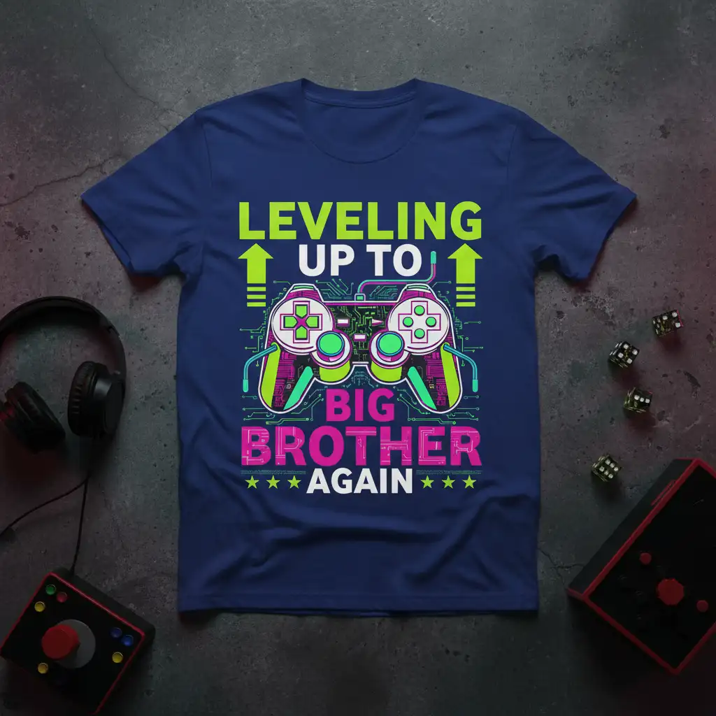 Leveling Up To Big Brother Again announcement t-shirt with neon gamer controller graphic and text