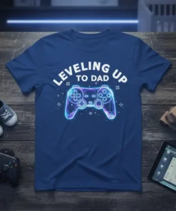 Leveling Up To Dad text with a neon geometric video game controller graphic on a navy blue t-shirt
