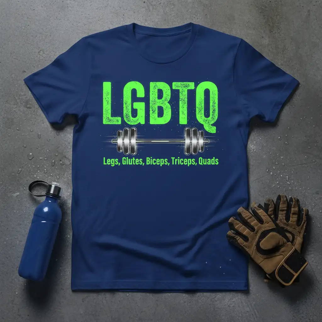 LGBTQ Legs Glutes Biceps Triceps Quads bold typography printed on quality cotton blend creating a standout t-shirt