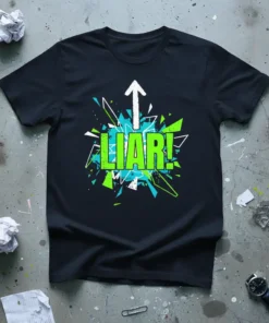 Black t-shirt featuring the word "LIAR!" in large, bright green distressed letters with a white arrow pointing upwards above it