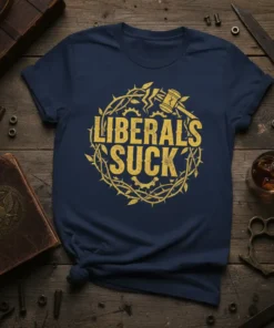 Navy blue t-shirt with yellow "LIBERALS SUCK" text inside a thorny crown design with a broken gavel and gears