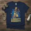 Liberty Biberty Steampunk Ostrich T-Shirt with retro goggles and top hat, featuring bold yellow text