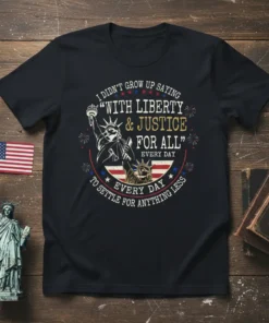 Patriotic t-shirt with "I Didn't Grow Up Saying With Liberty & Justice For All Every Day To Settle For Anything