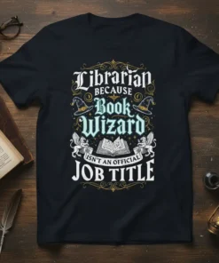Librarian Because Book Wizard Isn't An Official Job Title text on a black t-shirt with wizard hats and mythical creatures