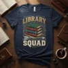 Library Squad t-shirt design featuring a stack of vintage books and an arrow graphic
