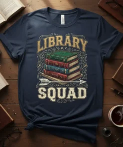 Library Squad t-shirt design featuring a stack of vintage books and an arrow graphic